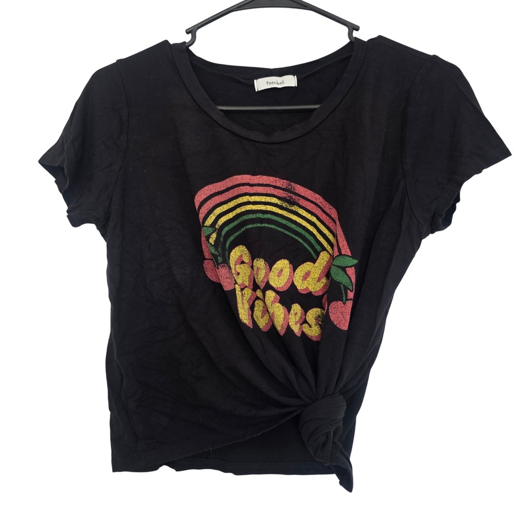 Teenmix Black Good Vibes Rainbow Cherry Graphic Tee Shirt M‎